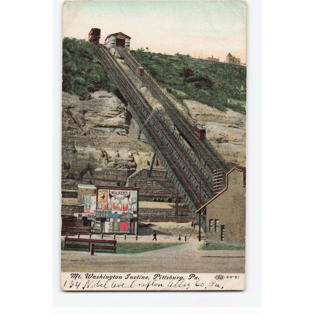 Vintage 1908 Mt Washington Incline Pittsburgh PA Postcard Walker Soap Billboard